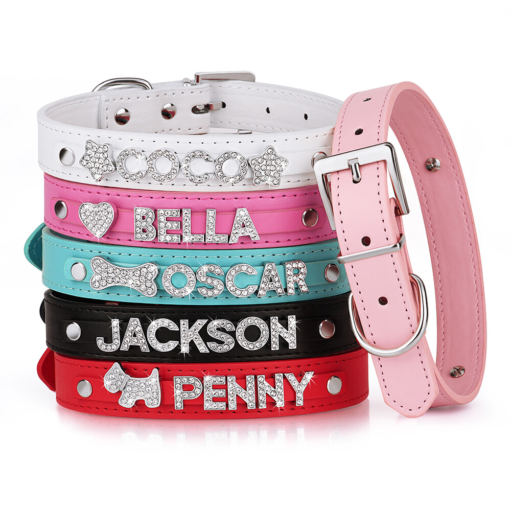 Hundehalsband mit Namen Strassbuchstaben Hund Halsband Name PU-Leder  Hundenamen | eBay.de
