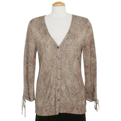 DANA BUCHMAN Brown Rayon Metallic Python Snakeskin Print Cardigan Sweater L $295