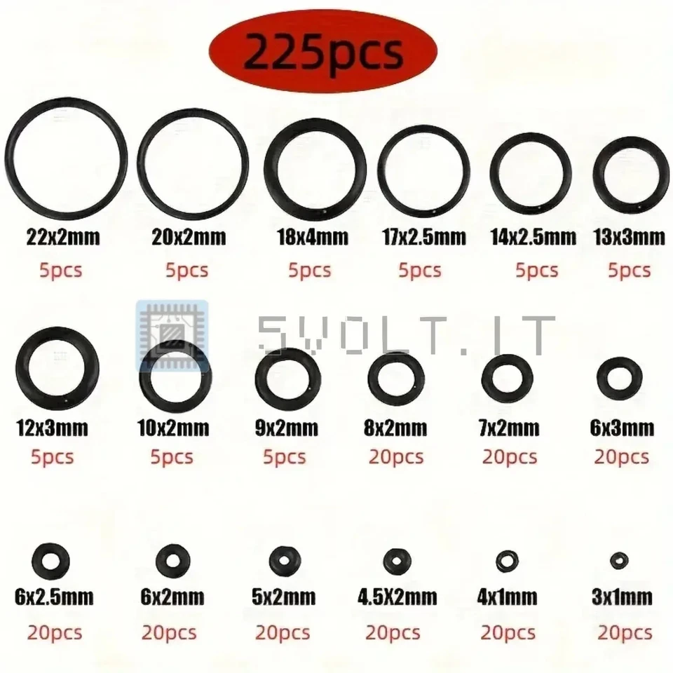 Set 225pz Guarnizioni in Gomma O-Ring per Olio Rondelle - Immagine 2 di 3