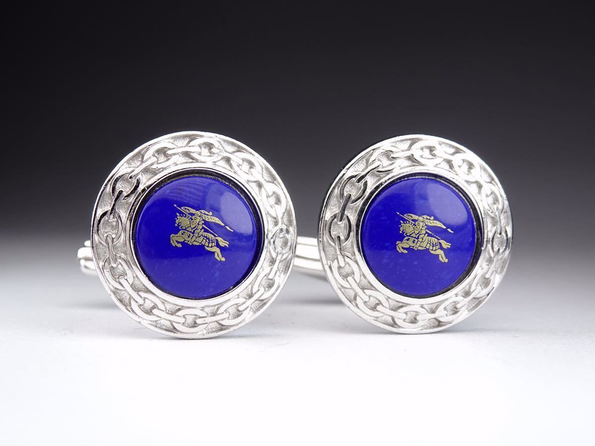 Burberry Cufflinks Blue Silver Chain Design Oval Round Men's Jewelry