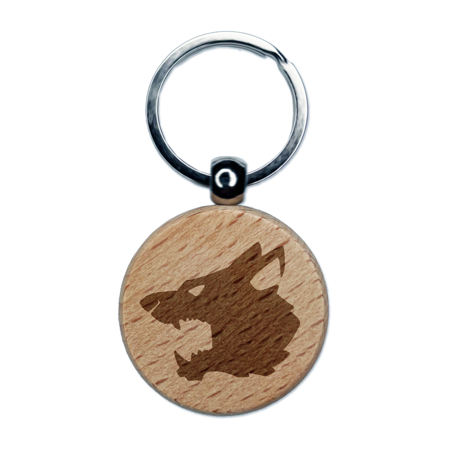 Ferocious Snarling Wolf Head Side Engraved Wood Round Keychain Tag Charm
