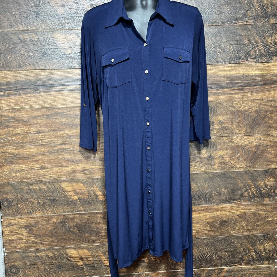 Vestido Camisa Notations 2X Mujer Manga Larga Midi Azul Marino Manga Redonda Bolsillos Foto 3 de 4