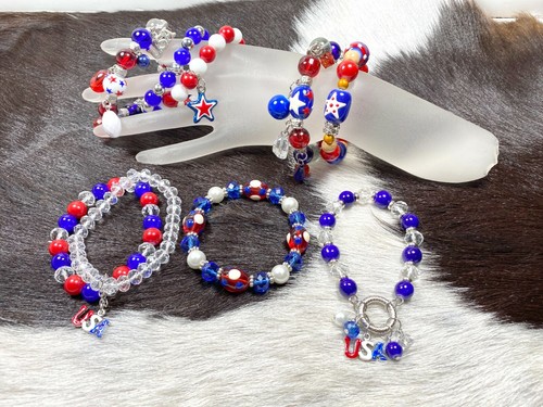 4th Pulsera de Julio Rojo Blanco Azul con cuentas de 12 piezas de estiramiento eBay