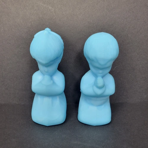 Vintage FENTON BLUE SATIN Praying Boy & Girl Children Figurines