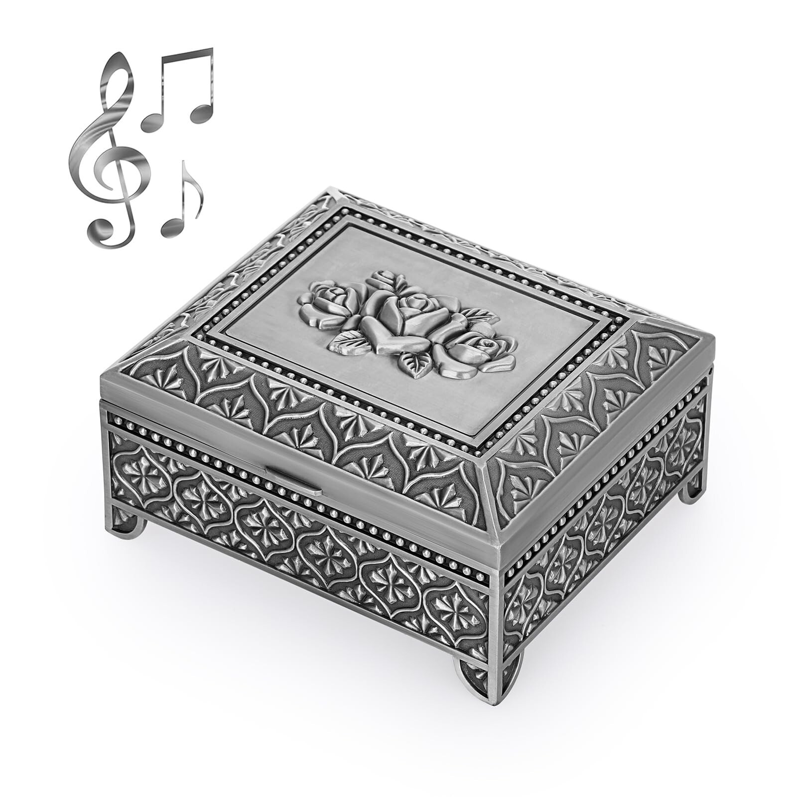 ELLDOO Vintage Silver Metal Music Jewelry Box with Rose Design for Keepsakes
