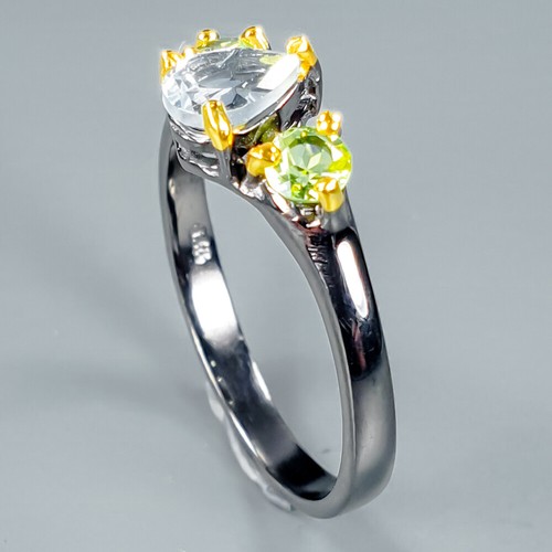 Vintage style Natural blue topaz and Peridot 925 Sterling Silver Ring / RVS327 - Picture 2 of 7
