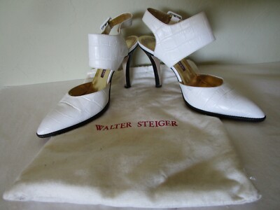 WALTER STEIGER Hand Made in Italy White Crocodile Banded Slingbacks Size 38 1/2