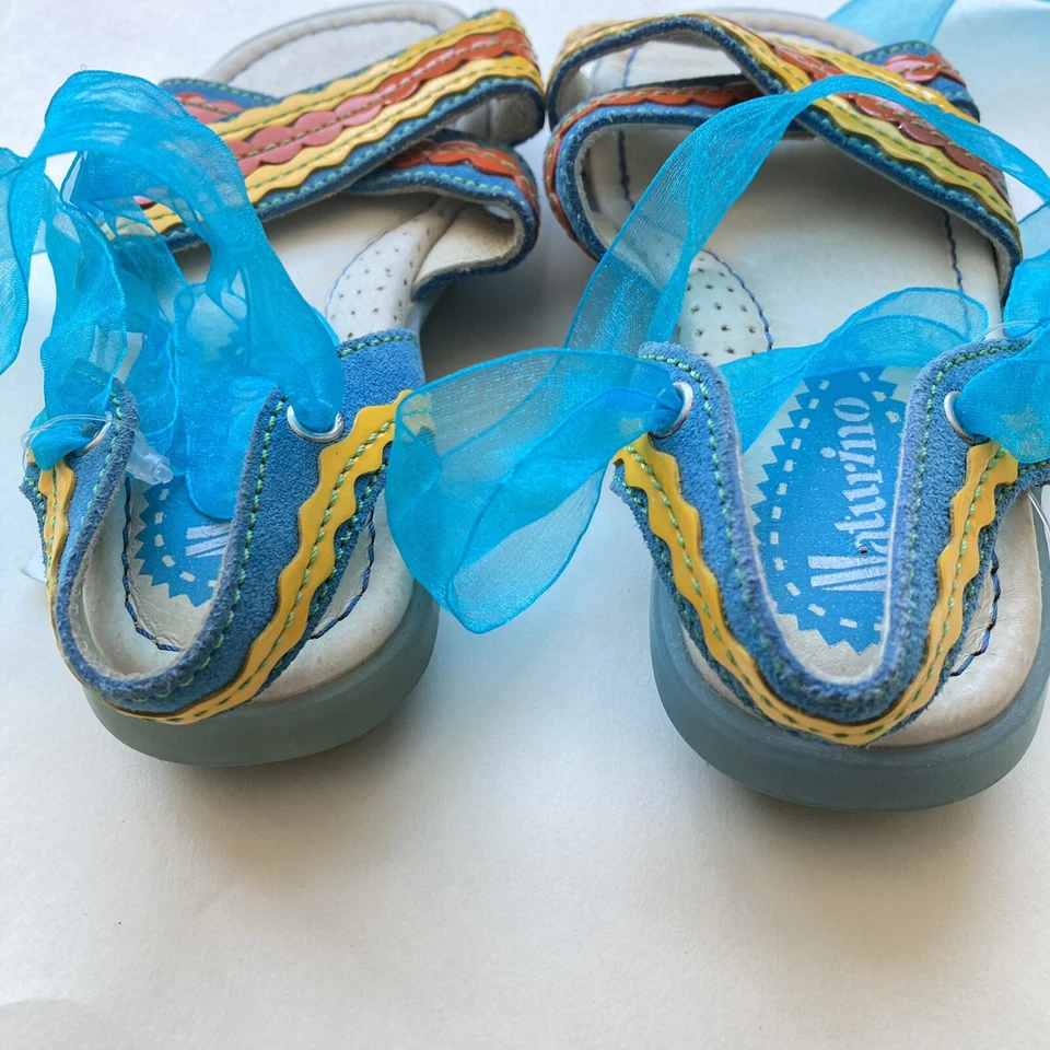 Nuevas Sandalias Naturino Criss Cross Niñas Talla 8 24 Up Cuero Azul Amarillo Encaje Euro Foto 4 de 4