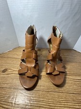 Michael Kors Brown Leather Strappy Sandals Heels with Zipper in Back