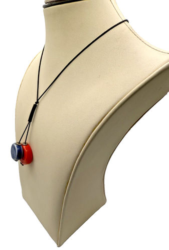 Black Cord Necklace With Round Red And Blue Synthetic Pendant 26" - Picture 3 of 5