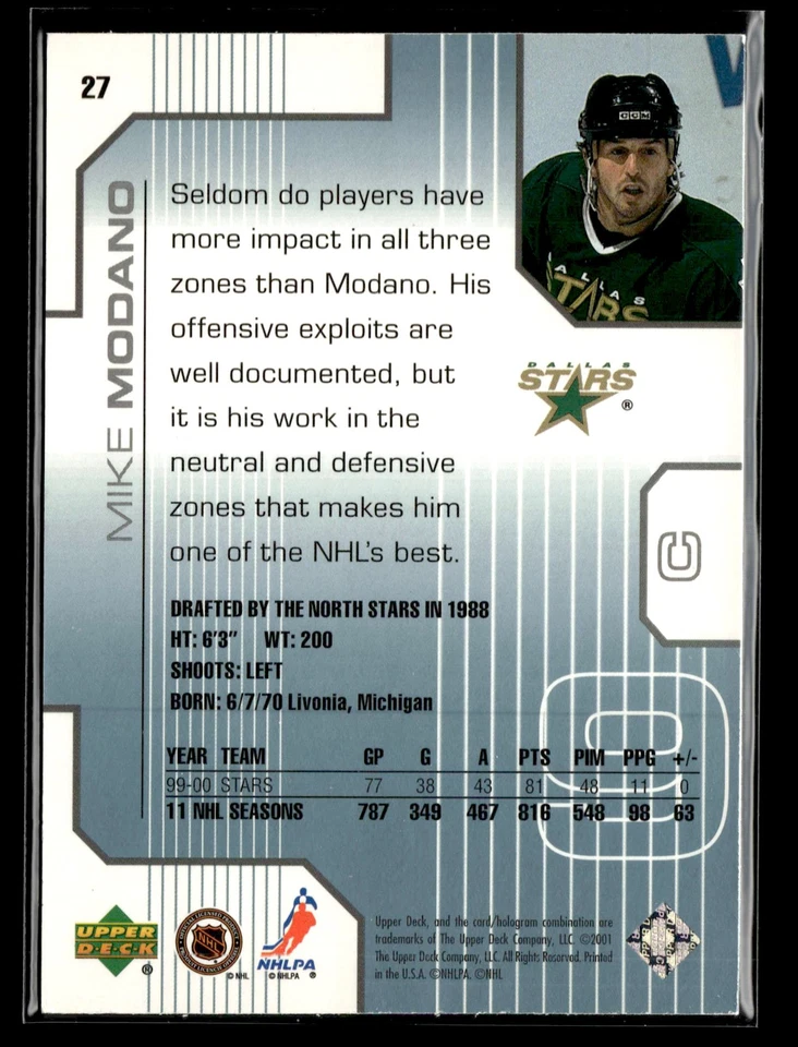 2000-01 Upper Deck Pros & Prospects - #27 Mike Modano - Dallas Stars - Image 2 of 2