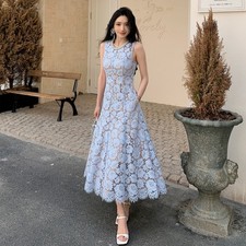 French Style Women's Rhinestones Pearl Hollow Out Sleeveless Mid Long Tank Dress