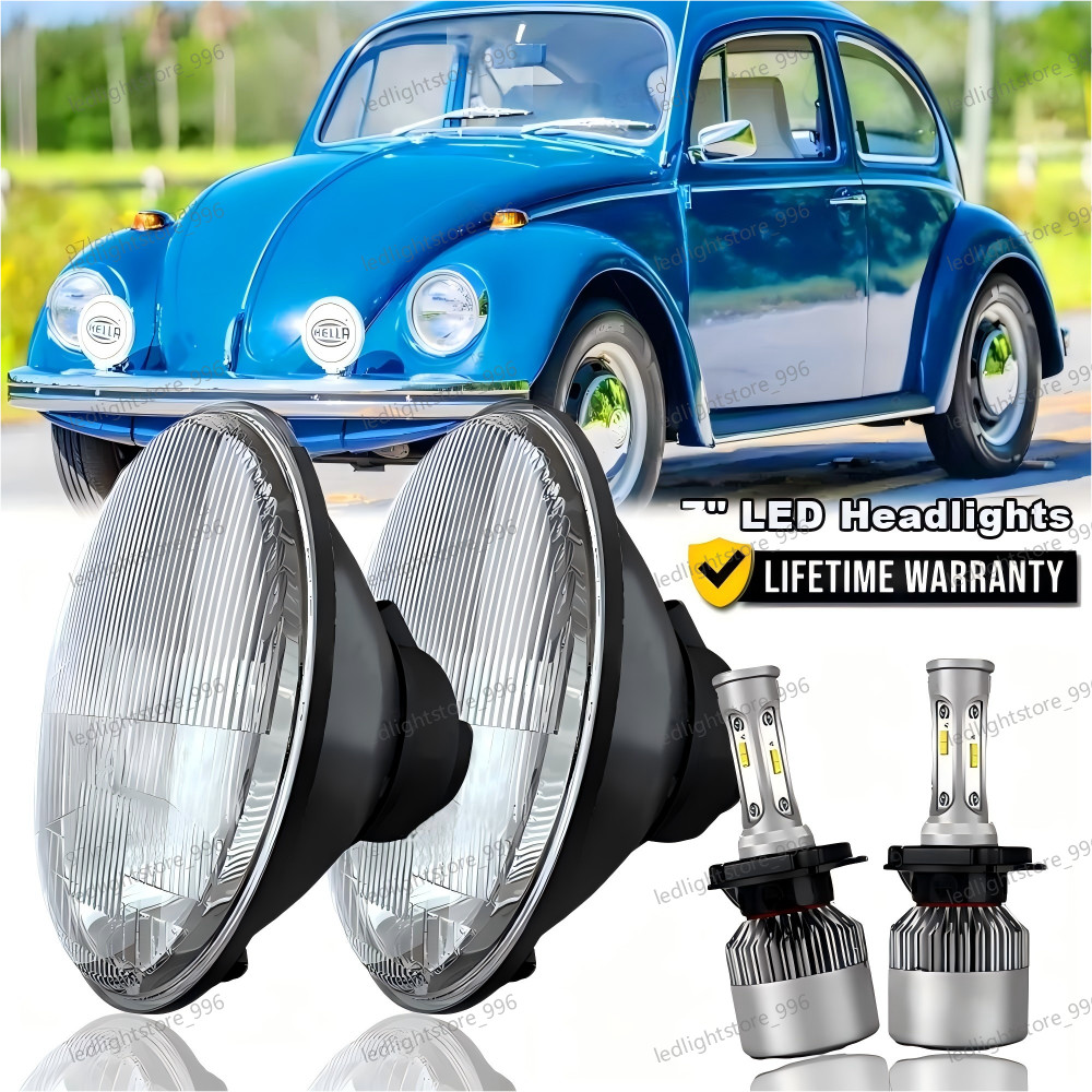 For 1950-1979 VW Beetle Pair 7" Inch Round LED Headlights Hi/Low Beam Halo DRL