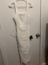 NWT Lulus V.I.P. Treatment White Mesh Ruched Bodycon Midi Dress Party Sexy Sz M