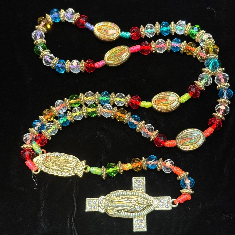 Handmade Colorful Crystals OL Nuestra Senora de Guadalupe Cord Rosary  HEAVY