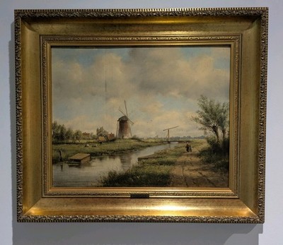 M VERMEULEN antikes niederländisches Original Ölgemälde Windmühle Kanal vergoldeter Rahmen signiert