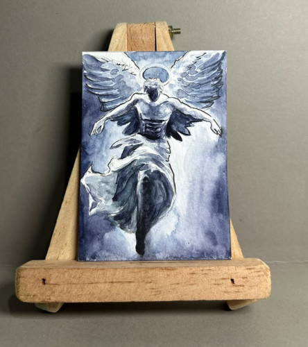 ACEO Original Watercolor Painting Blue Guardian Angel Celestial Fantasy Art OOAK