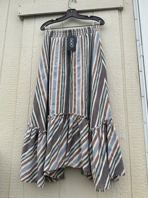 Autumn Multi Stripe Ruffled Midi Linen Skirt with Ruffled High-Low Hem Sz Medium