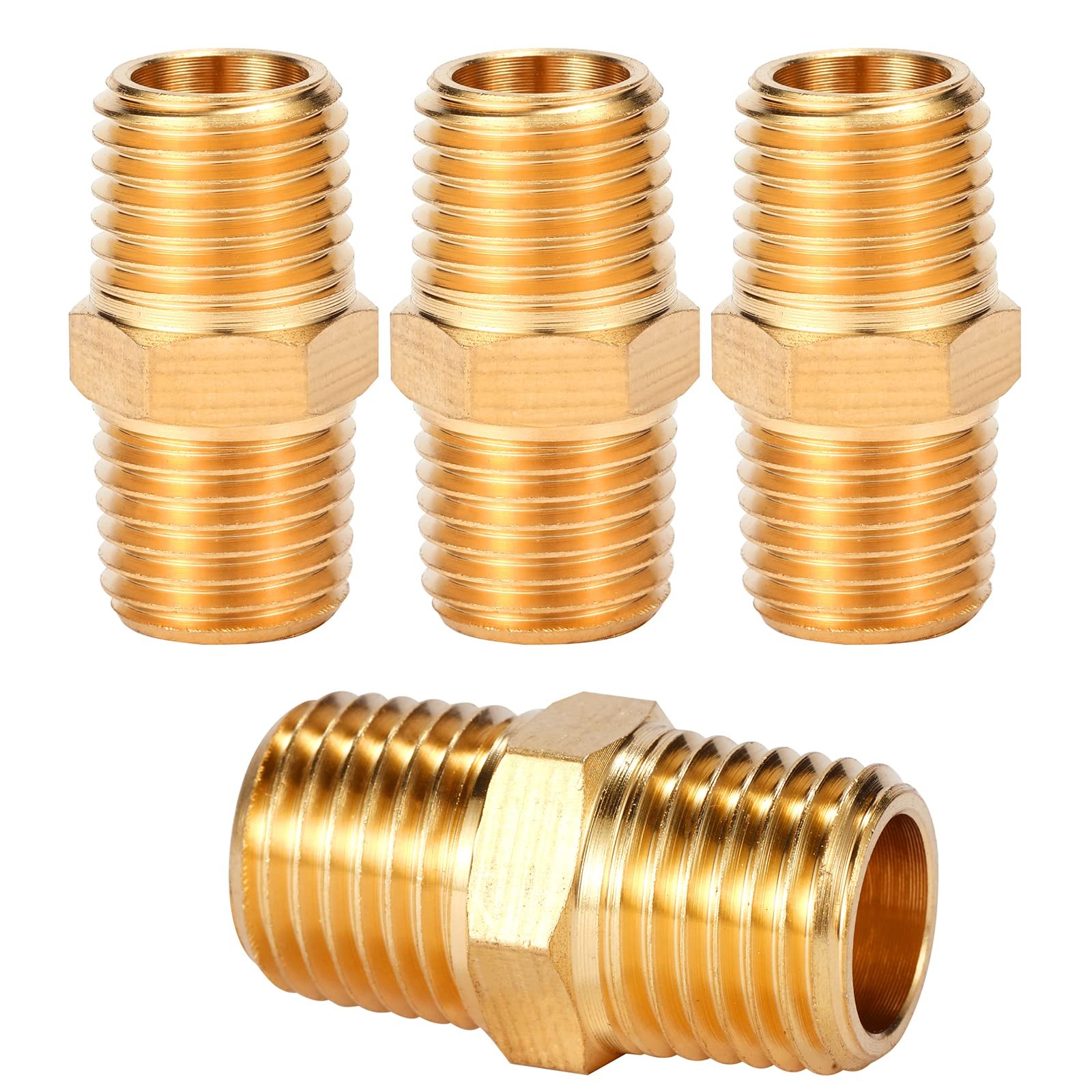 4 Pack Brass Pipe Fitting, Hex Nipple, 1/4" x 1/4" NPT Male