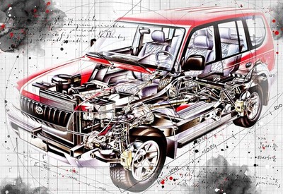 Line Tech Zeichnung Toyota Land Cruiser 90 Classic Cutaway Kunst Poster Druck