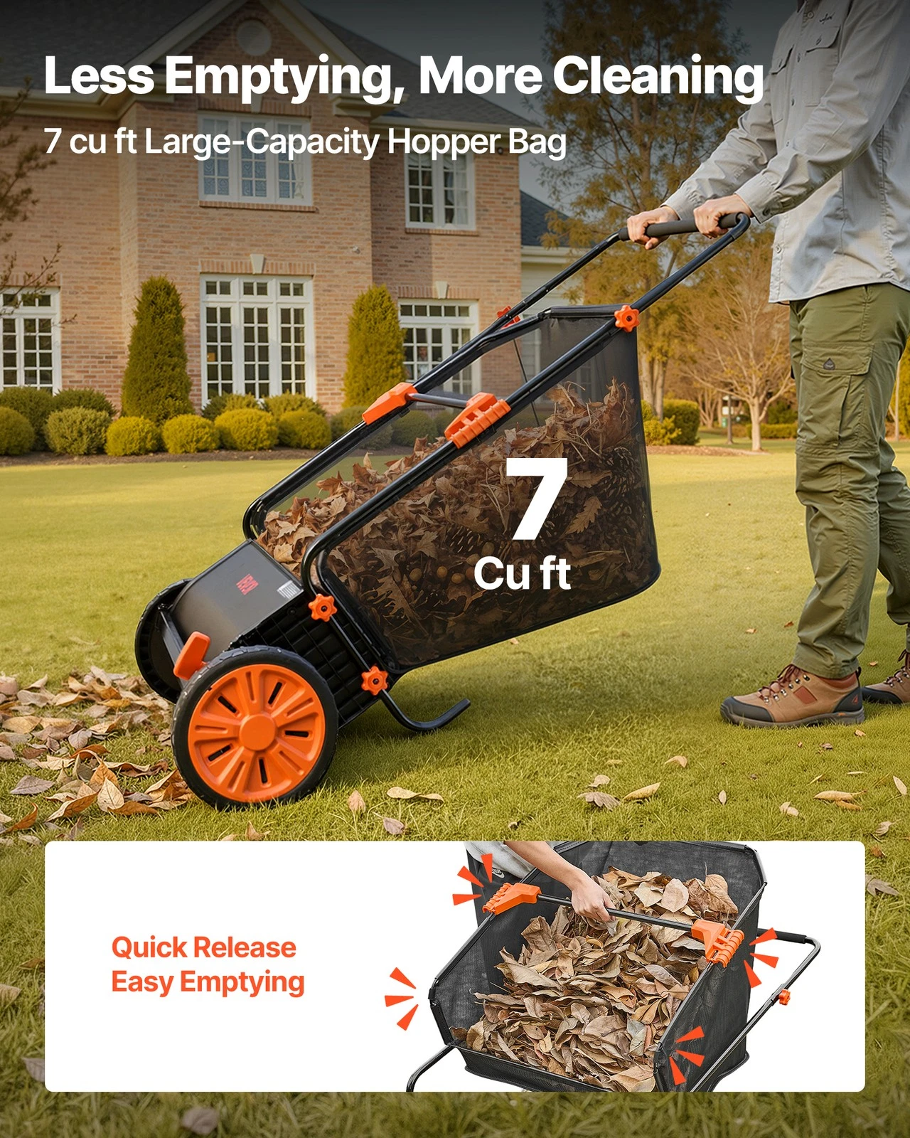 VEVOR Push Lawn Sweeper 26 in Leaf & Grass Collector 7 cu.ft. Hopper Bag Durable - product detail image 6