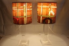 Coppia di lampade con paralumi con tessuto vintage Bastoni marrone Fornasetti