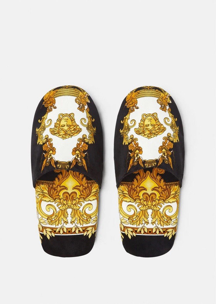 PANTOFOLA D’ORO Pantofole Versace La Medusa Head cotone nero oro nuove con etichette taglia small 6 7 donna