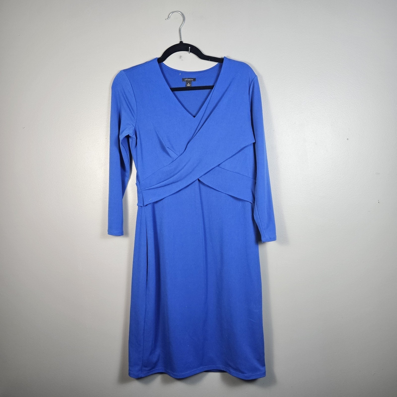 Ann Taylor Faux Wrap Dress Long Sleeve Blue Midi Stretch Women's Size 4