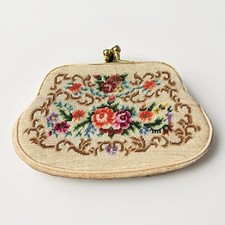 Vintage Floral Petit Point Needlepoint Kiss Lock Coin Purse Cream Gold Tone 5  