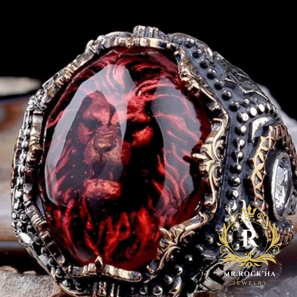 Anel masculino de prata esterlina 925 Relief Lion Maned, pedra de zircão vermelho, contas de prata esterlina - Imagem 4 de 4