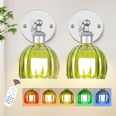 LETRY 2 Pack Vintage Wall Sconce Tulip Glass Shade Remote Control RGB Wall Lamp