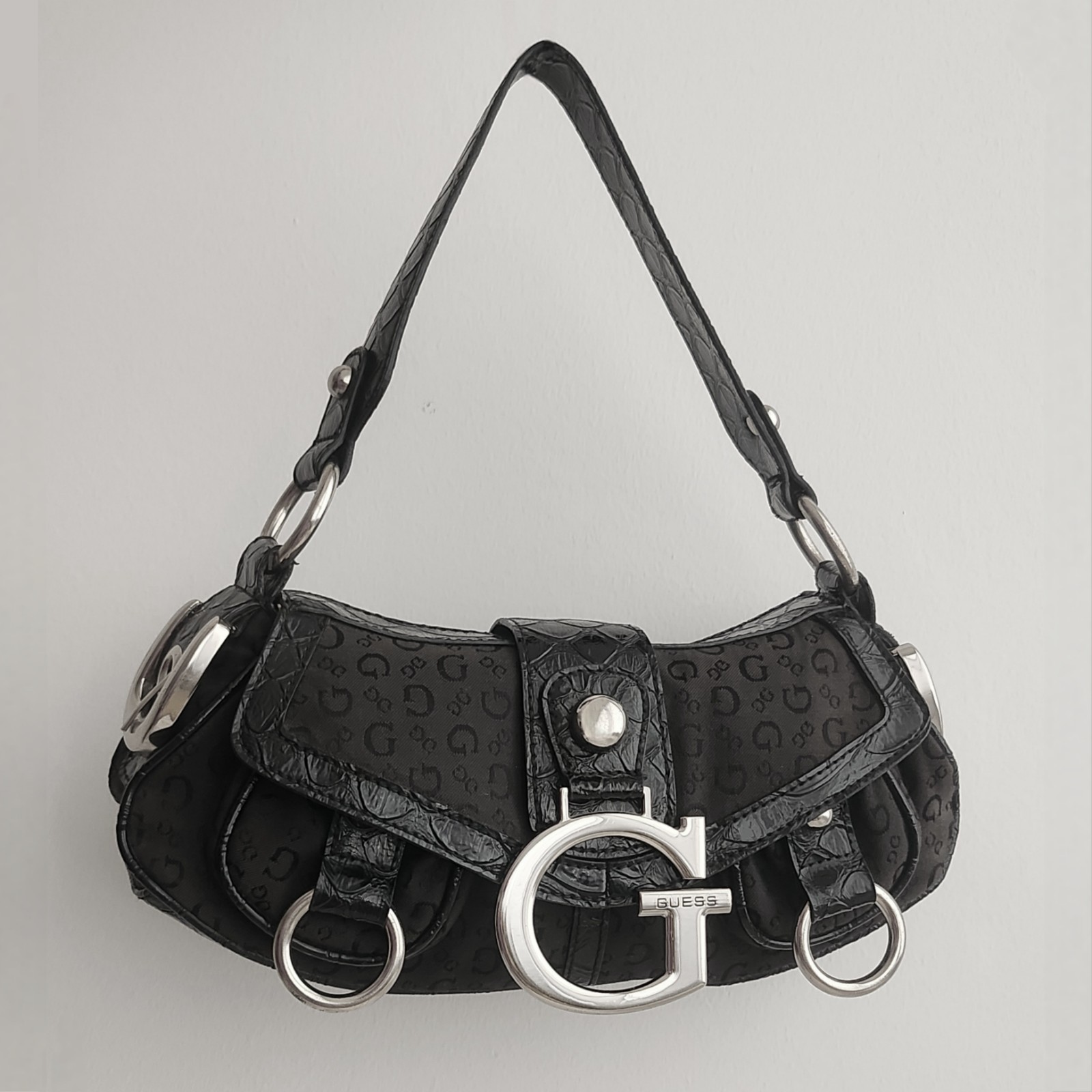 Guess Vintage Y2K Shoulder Bag Black Monogram Croco 2000 Edgy Grunge Barbiecore