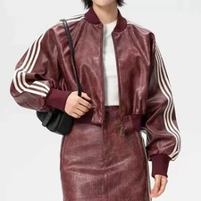 Adidas Originals KE5035 Croc Effect Faux Leather Burgundy Crop Track Jacket NWT