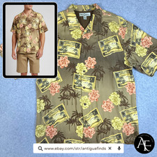 TOMMY BAHAMA Men's Hawaiian Camp Shirt Sz. XL 100 Silk Post Card Tropical Olive