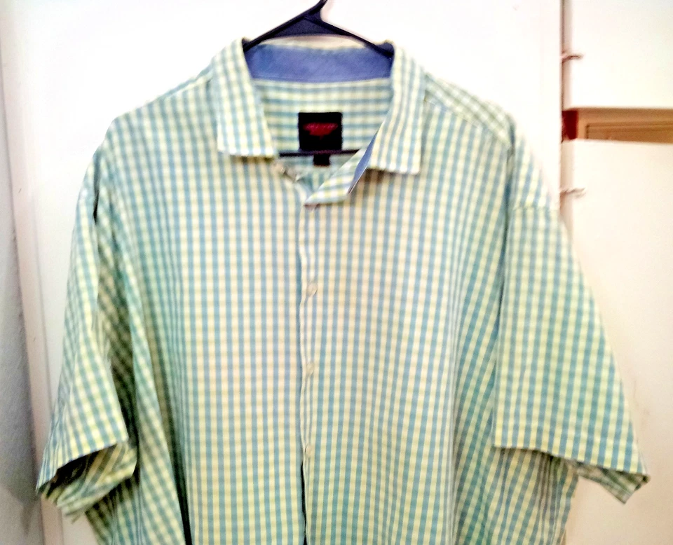 Linea Uomo Shirt Mens 3X Green Blue Plaid Short Sleeve Button Up Preppy #33631 - Image 2 of 4