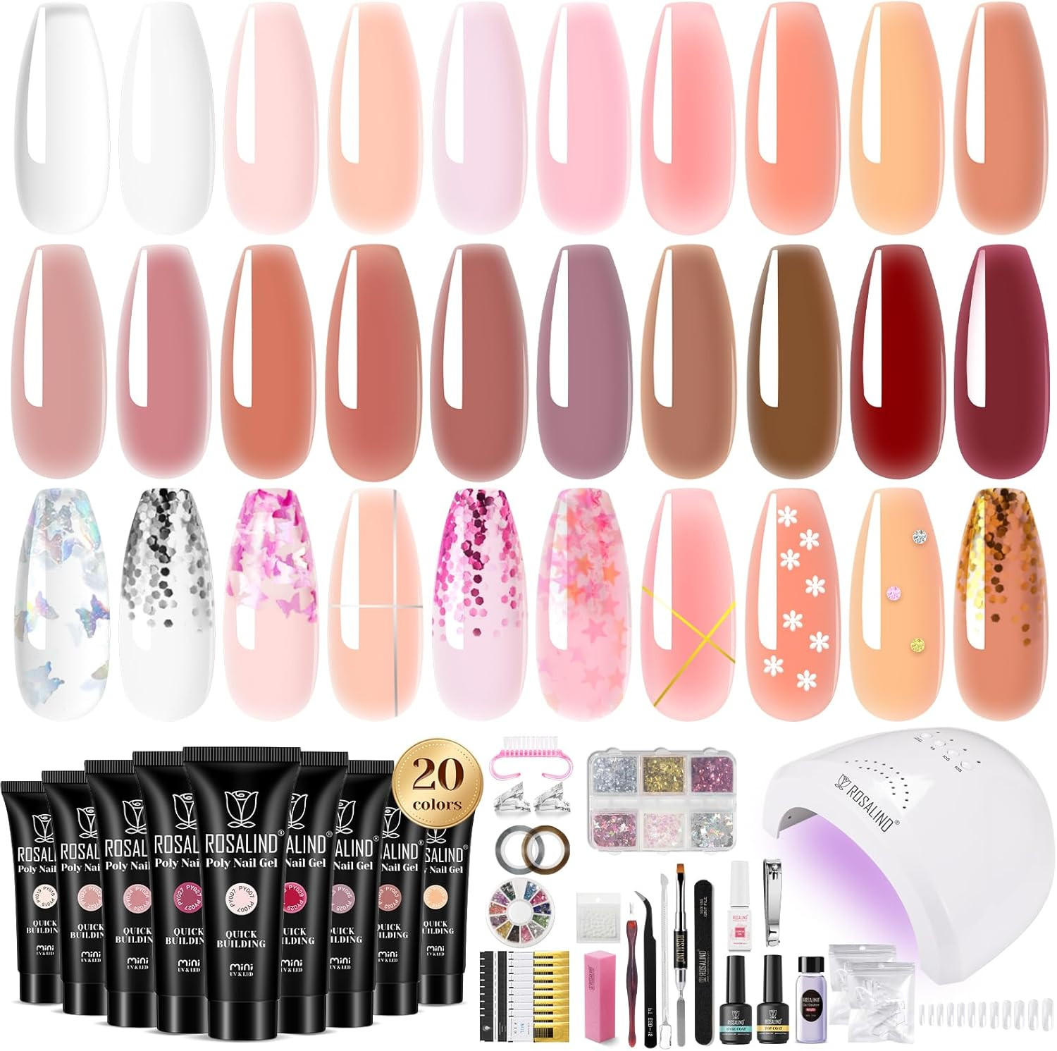 Kit Unghie Gel 48W UV Lampada 20 Colori, Set Completo Estensione Base Top Coat, 