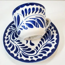 ANFORA PUEBLA Blue White Coffee Tea Cup & Saucer Mexico Hand Painted