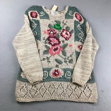 Shenanigans Sweater Womens Medium Beige Floral Hand Knit Pullover NWT