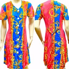Vtg 80s 90s Versace-like Baroque Chain Print Gold Neon Dress Kaftan Festival