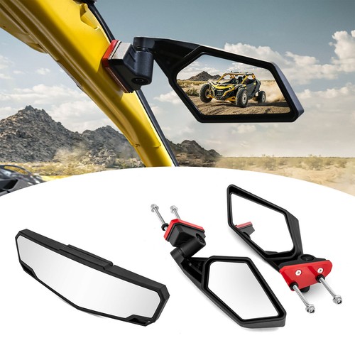 Pair UTV Side Mirrors with angle adjustment+Center Mirror For Can Am Maverick R