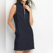 GAP Denim Fringe Mock Collar Sleeveless Raw Hem Denim w Pockets Blue Dress XS