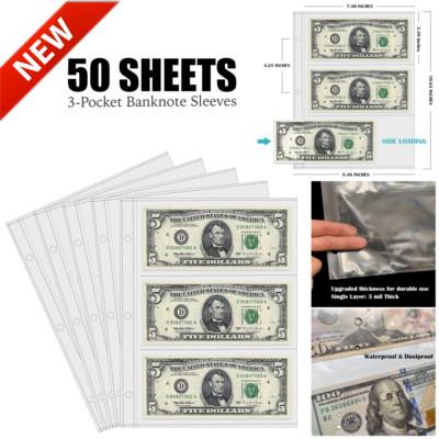 50 Sheets Currency Sleeves For Paper Money Collection 3-Pocket Banknote Pages