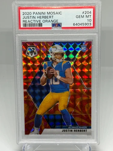 2020 PANINI MOSAIC JUSTIN HERBERT REACTIVE ORANGE ROOKIE CARD #204 PSA 10