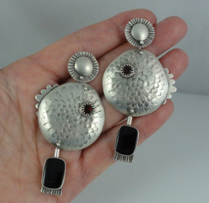 Rhonda Shikanai Sterling Silver Red Garnet Color Eye Fish & Black Onyx Earrings