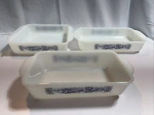 3pc Set Vintage Glasbake Currier & Ives Baking Dish Blue Farm Scene
