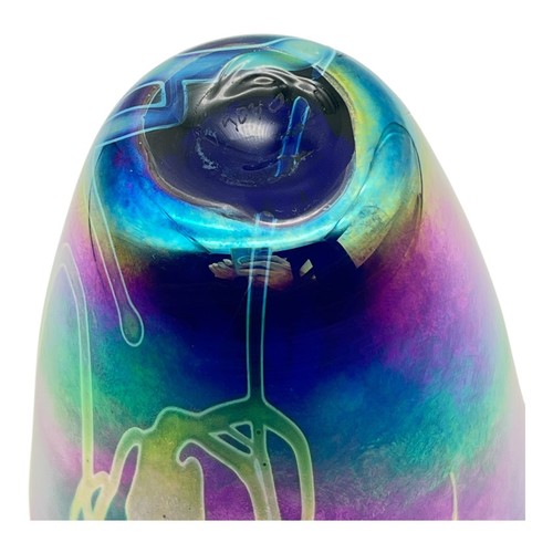 Vintage Cobalt Iridescent Art Glass Vase Blue Bud Vase White Dots - Picture 8 of 12