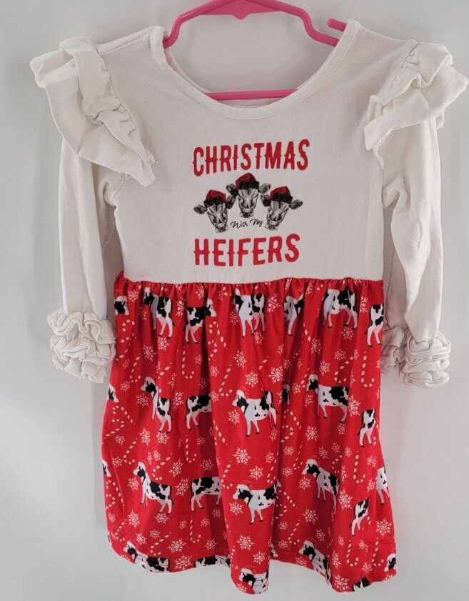 Marie Nicole Dress Christmas with my Heifers Cows with Santa Hats - Toddler  MED