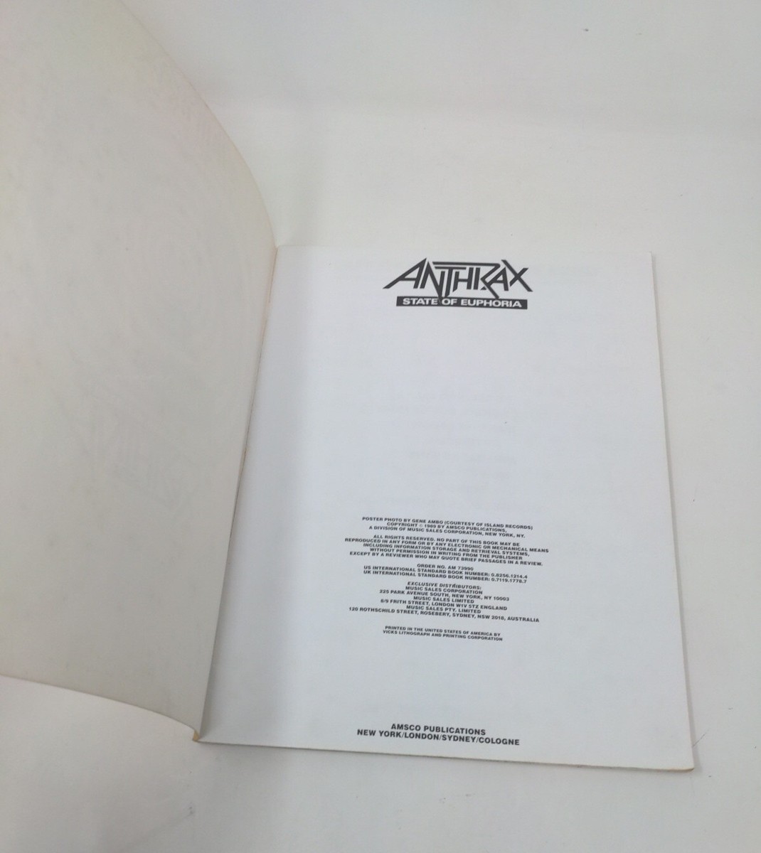 ANTHRAX - State Of Euphoria - Sheet Music Book Guitar & Vocal