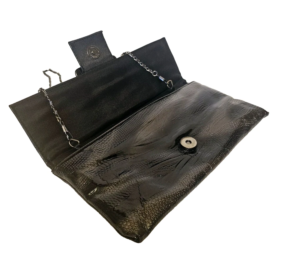 Jessica McClintock Black Patent Evening Fold Over Flap Bag w Chain Strap - Image 4 of 4