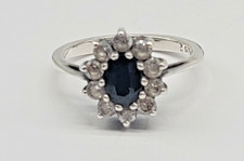 Size 7.75 Sterling Silver Flower Design Ring Oval Dark Blue Stone Clear Accents